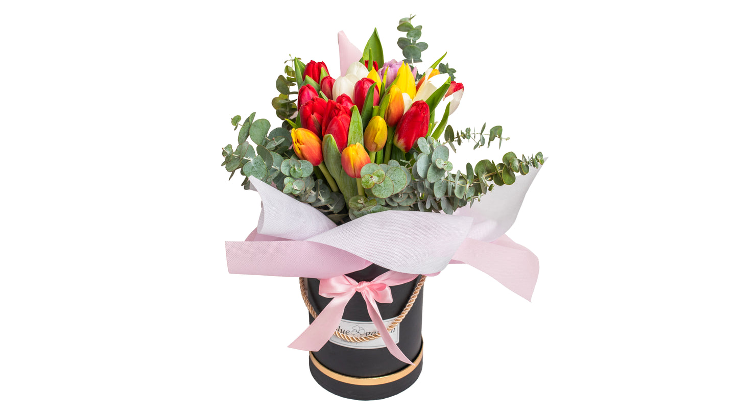 Bouquet with Multicolored Tulips in White/Black Box - BG Flowers