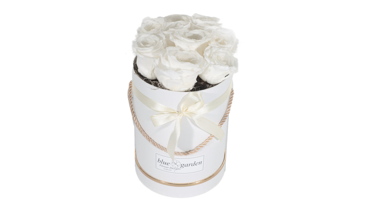 9 long lasting White Roses in a Black/White Box