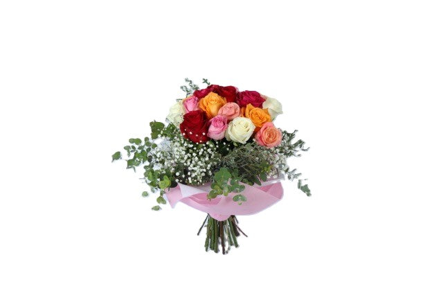 Bouquet Of Fresh Roses In Different Colours and Gypsophila Round