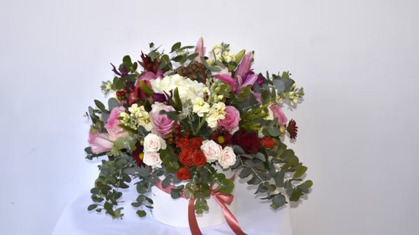 Composition With Seasonal Flowers Various Colors In A Box - #bluegardenflowers#