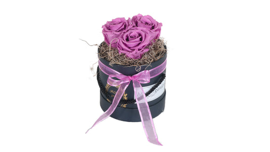 3 long lasting Purple Roses in a Black/White Box
