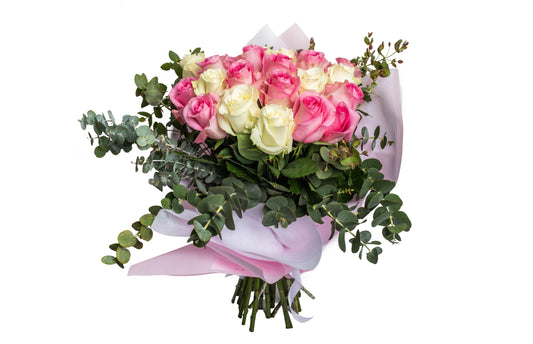 Bouquet Of White And Pink Fresh Roses Round