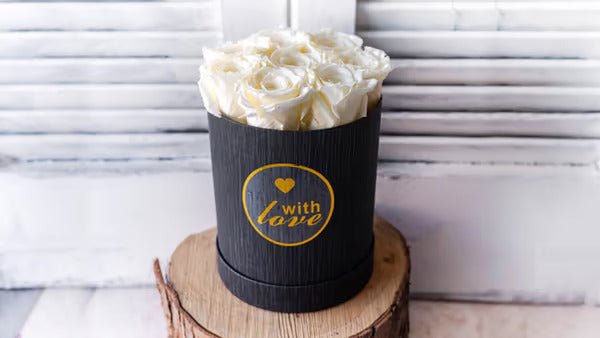 7 long lasting White Roses in a Black Box - #bluegardenflowers#