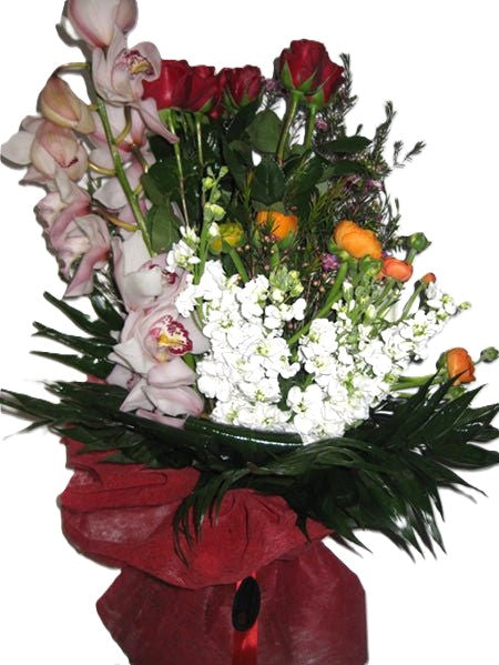 Mixed Bouquet with Red Roses and Cymbidium - BG Flowers